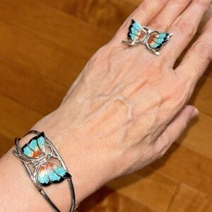 Vintage Navajo Sterling Silver Cuff Butterfly Bracelet/Ring Turquoise & Coral